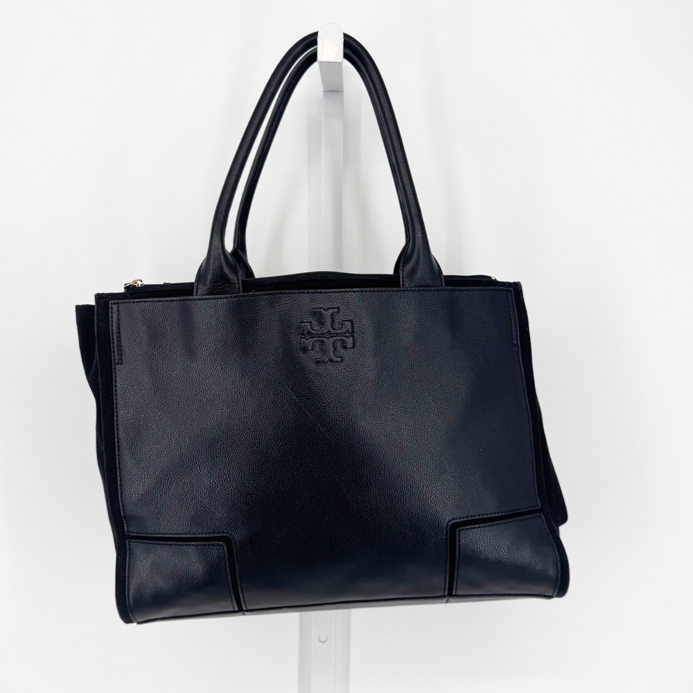 Tory Burch Ella Large Tote Bag Black Leather Canvas Logo Shoulder Bag